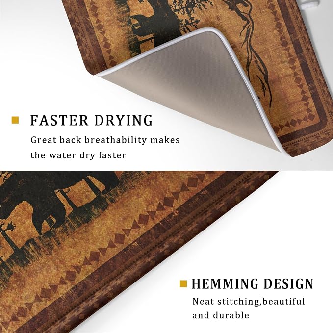 Forest Bear Dish Drying Mat 18x24 Inch Rustic Cabin Washable Microfiber Absorbent Dishes Drainer Rack Pad for Kitchen Counter Home Decor