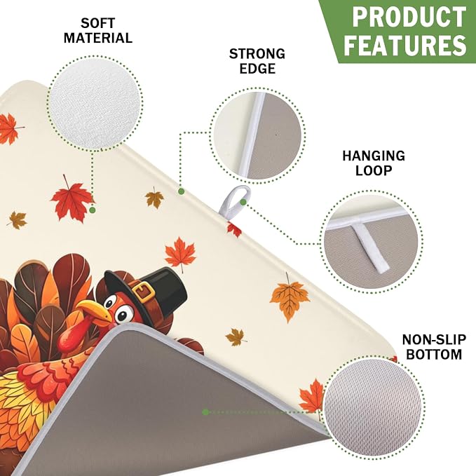 Thanksgiving Dish Drying Mat for Kitchen Counter Autumn Harvest Turkey Pumpkin Maple Leaves Microfiber Dish Drainer Mat Rustic Fall Holiday Absorbent Washable Drying Pad 16"x18"