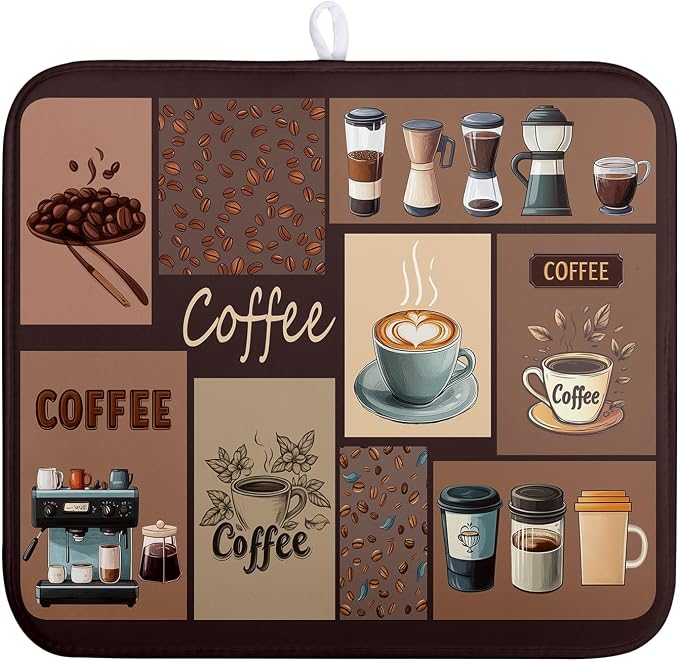 Coffee Theme Dish Drying Mats for Kitchen Counter Absorbent Microfiber Dish Drainer Mats Brown Pattern Coffee Bar Mat for Countertop Washable Dishes Drying Pad 16x18 Inch
