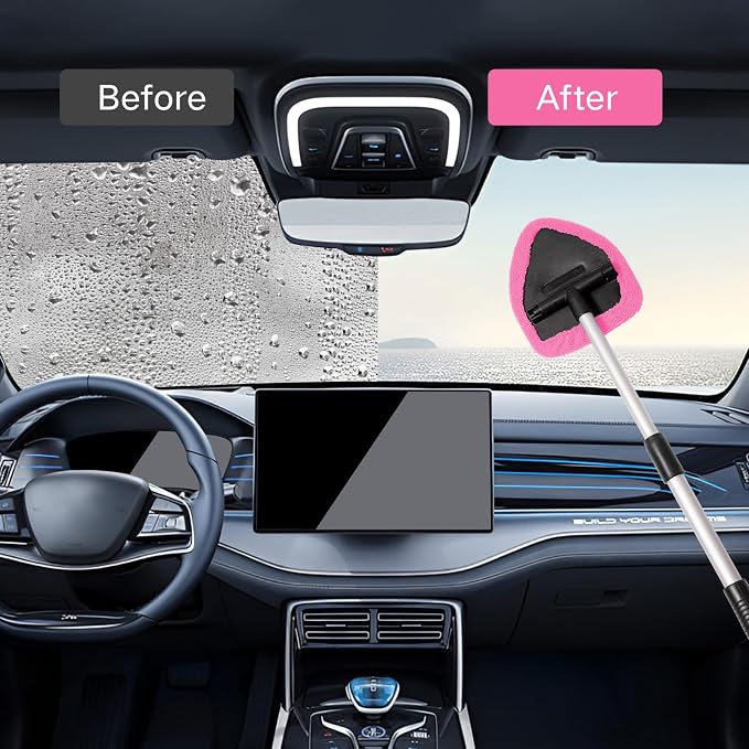 Qydipclin 11pcs Windshield Cleaner Tool, Car Window Cleaning Wash Kit with 6 Reusable Microfiber Pads 2 Spray Bottles and Extendable Handles Auto Glass Wiper Kit, Pink