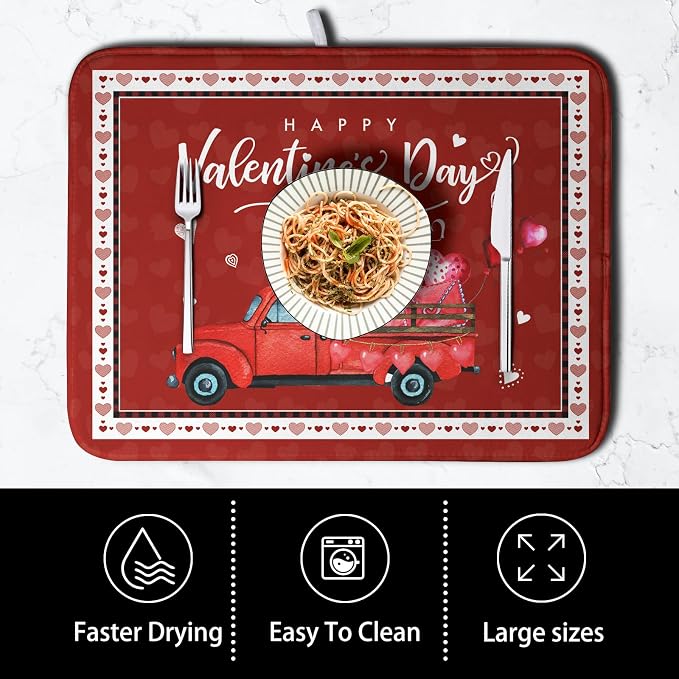 Happy Valentine's Day Dish Drying Mat for Kitchen Red Love Heart Truck Plaid Drying Mats Super Absorbent Dishes Drainer Pad Reversible Microfiber Dish Drying Rack Mat for Kitchen Counter 18x24 Inch