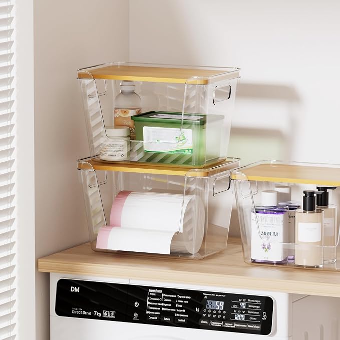 Delamu Acrylic Trash Bag Holder, 2 Pack Stackable Garbage Holder for 4-33 Gallon Bags, Clear Organizer Bins for Under Sink Organization, Pantry Storage, Cabinet, Kitchen, Laundry, Bathroom