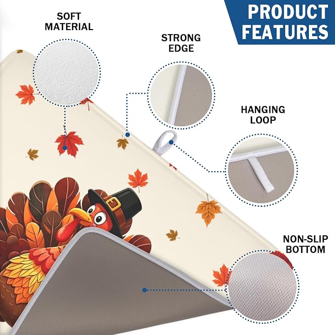 Thanksgiving Dish Drying Mat for Kitchen Counter Autumn Harvest Turkey Pumpkin Maple Leaves Microfiber Dish Drainer Mat Rustic Fall Holiday Absorbent Washable Drying Pad 18"x24"