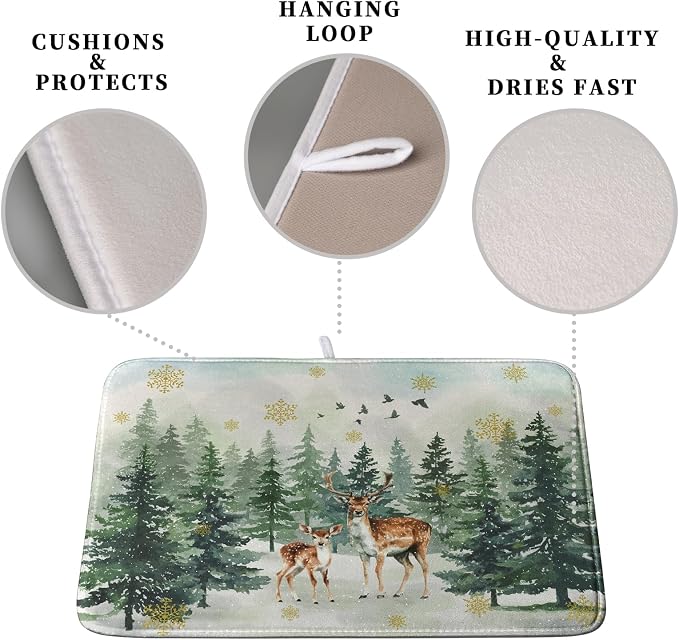 Reindeer Tree Snowflakes Christmas Dish Drying Mats for Kitchen Counter 18x24 Inch Winter Forest Dish Drainer Mats Absorbent Reversible Dish Draining Microfiber Dishes Drying Pad