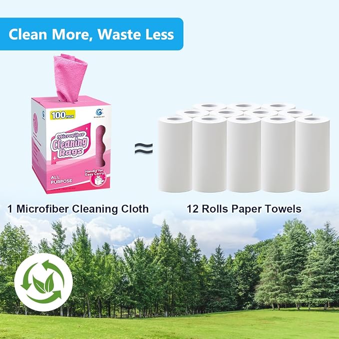 GLIMGLINT Pink Microfiber Cleaning Cloth, 100 Pack Cleaning Rags, Lint-Free, Ultra Absorbent Reusable Paper Towels for Home, Kitchen, Car, Garage or Shop, Dish Rags, 11" x 9"