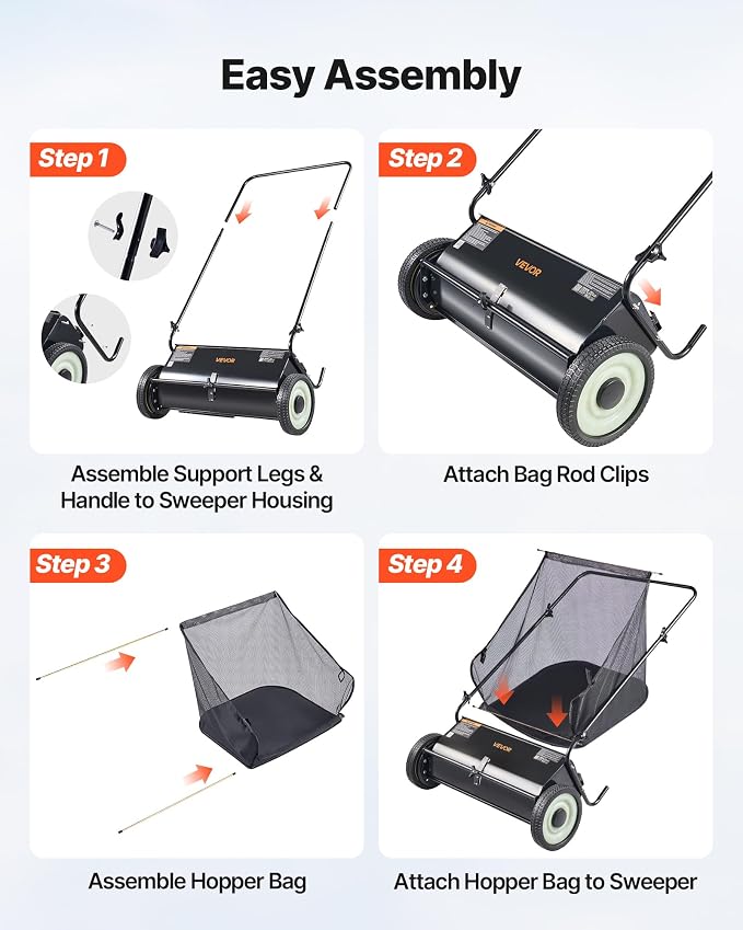 VEVOR Push Lawn Sweeper 26 Inch Leaf & Grass Collector Strong Rubber Wheels | Heavy Duty Thickened Steel Durable to Use with Large Capacity 7 ft³ Mesh Collection Bag, 4 Spinning Brushes
