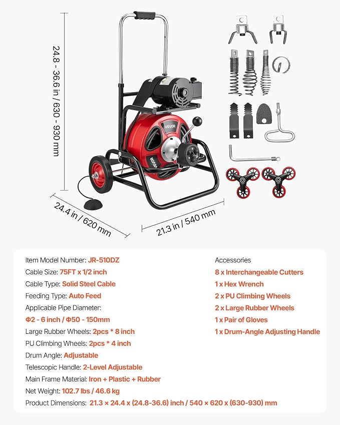 VEVOR Drain Cleaner Machine 75 FT x 1/2 Inch, Auto Feed Sewer Snake Auger, Portable Drain Cleaning Machine with Climbing Wheels, Adjustable Drum, 8 Cutters & Foot Switch for 2" to 6" Pipes