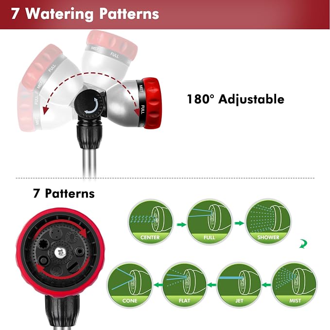 RESTMO Heavy Duty Metal Hose Wand, Watering Wand for Garden Hose | 180° Swivel Ratcheting Head, 16'' Hose Sprayer, 7 Spray Patterns, Flow Control, Ideal for Hanging Baskets & Shrubs, Red