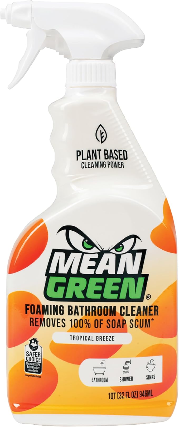Mean Green Foaming Bathroom Cleaner Spray, Tropical Breeze, 32 oz – Removes 100% of Soap Scum, Shower, Tile, Sink & Bathroom Surfaces