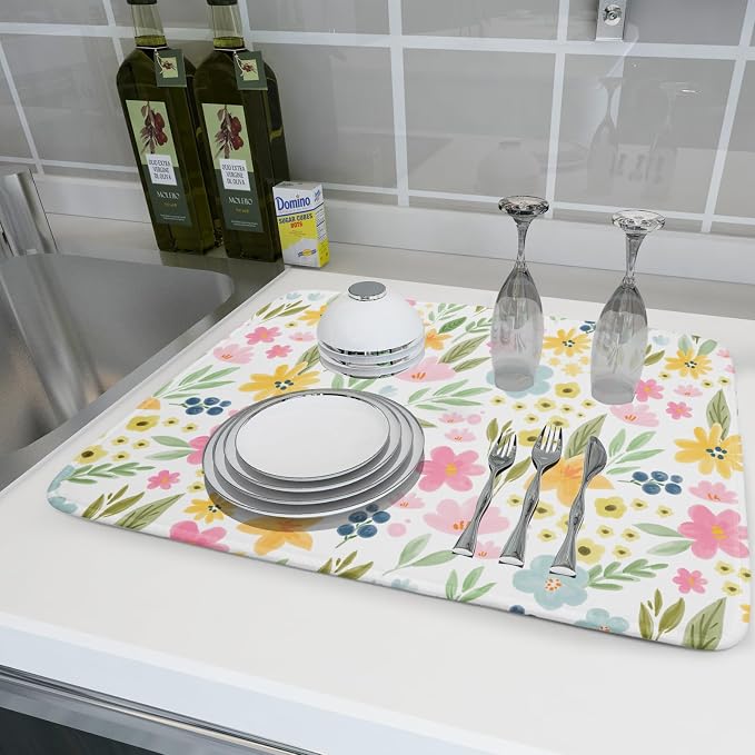 Spring Dish Drying Mat for Kitchen Counter Cute Floral Summer Holiday Microfiber Absorbent Dish Draining Reusable Washable Foldable Extra Large 18"x24"