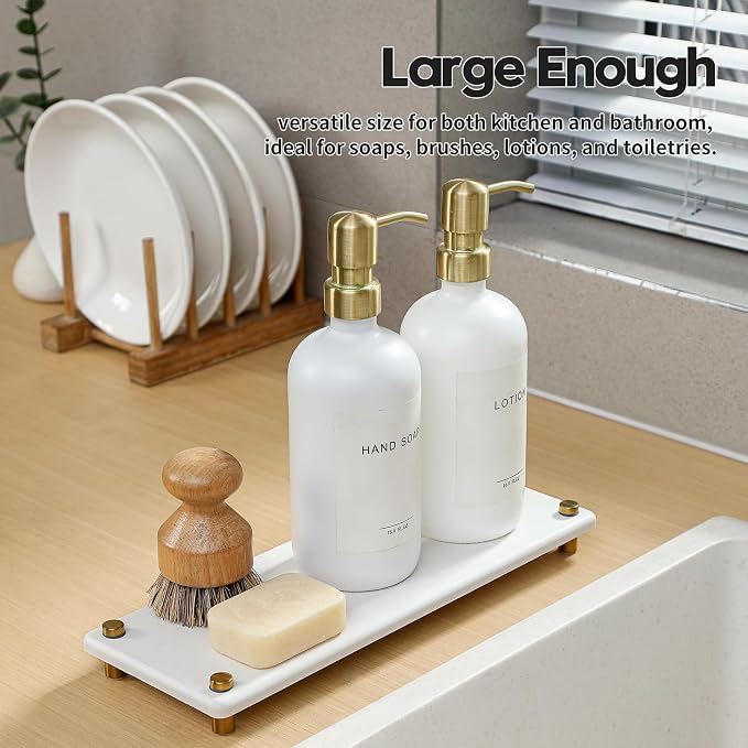 White Gold Dish Drying Rack Tray, Water Absorbing Stone Sink Caddy Kitchen Sink Organizer, Diatomite Bathroom Counter Faucet Mat Coaster, Soap Riser Dispenser Sponge Holder, White 12.5" x 4.5"