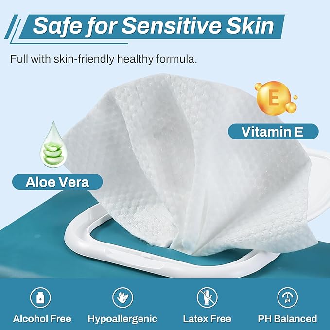 720 Count (12 Packs of 60) Wipes for Adults, 8" x 12" Extra Large Wet Wipes for Incontinence & Cleansing, Disposable Body Shower & Bath Wipes for Elderly Bathing No-Rinse - Vitamin E & Aloe