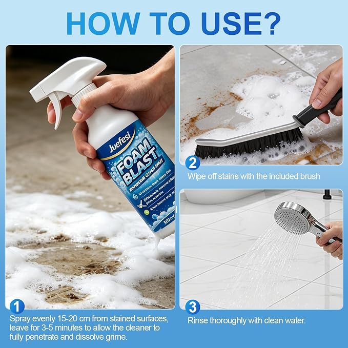 Bathroom Foam Cleaner Spray 10.15oz, Removes Soap Scum | Hard Water Stains & Dirt, Lemon Scent, Shower Cleaner for Shower Tile Toilets Tub & Sink Included Crevice Brush