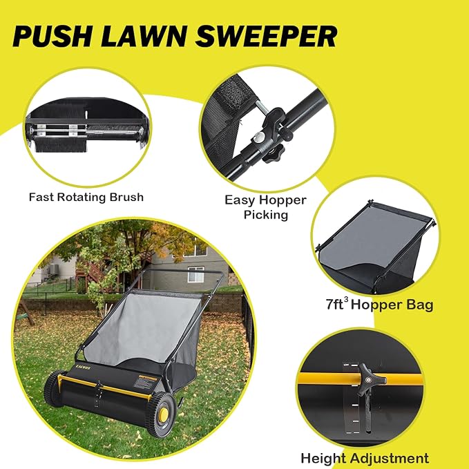 Push Lawn Sweeper, 26-Inch Width, 7 Cu. Ft. Hopper Capacity, 4 Spinning Brushes, Adjustable Height, Durable Steel Frame with Rubber Wheels,Yellow&Black
