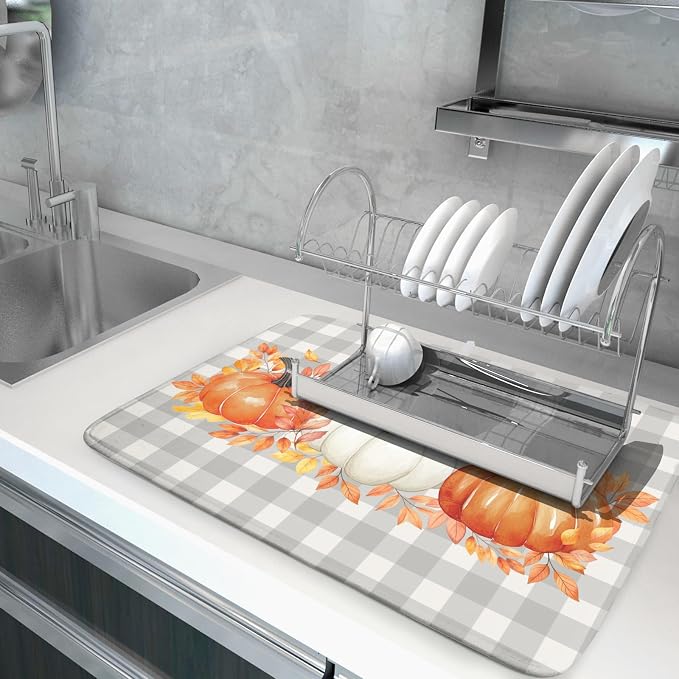 Fall Dish Drying Mat for Kitchen Counter Autumn Orange White Pumpkins Festival Microfiber Absorbent Dish Draining Reusable Washable Foldable Extra Large 18"x24"