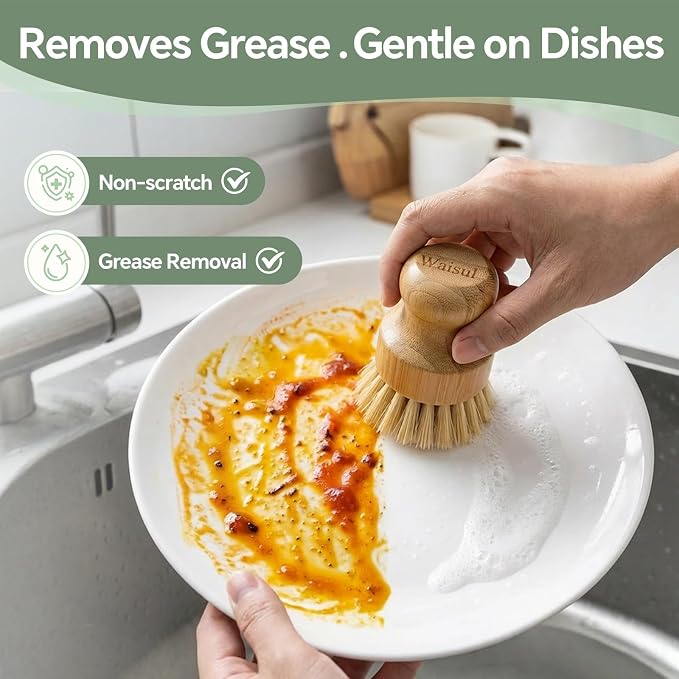 Bamboo Dish Brush Set, 4 Pack, Plastic-Free (2 Medium Sisal, 2 Firm Coconut Coir), Dish Scrubber & Vegetable Brush for Cast Iron, Nonstick