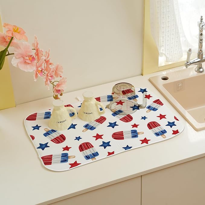 4th of July Dish Drying Mat 18x24 Inch Blue Red Ice Cream Stars Patriotic Drying Mat Independence Day Memorial Day Absorbent Dish Drying Pad Dish Rack Drainer Mats for Kitchen Dining Counter
