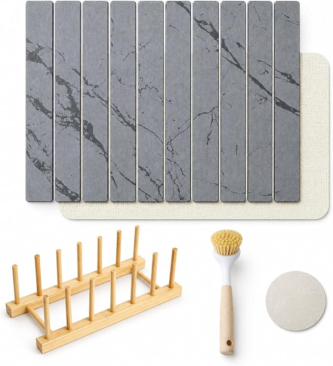 Dish Drying Mat, Large Stone Dish Drying Mat for Kitchen Counter 24" x 16", Foldable Diatomite Drying Stone Counter Mat with Non-Slip Base, Foldable Quick Dry Dish Drying Mats【Gray】