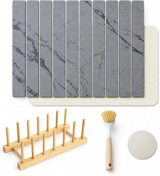 Dish Drying Mat, Large Stone Dish Drying Mat for Kitchen Counter 24" x 16", Foldable Diatomite Drying Stone Counter Mat with Non-Slip Base, Foldable Quick Dry Dish Drying Mats【Gray】