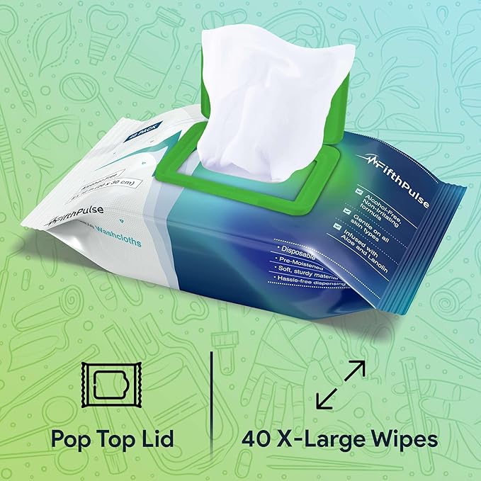 Disposable Body Wipes For Adults 200 Count (5 x 40 Packs) - Premoistened Washcloths For Elderly Bathing Infused With Aloe and Lanolin - Alcohol-Free Adult Wet Wipes, Extra Large 8" x 12" Wash Cloth