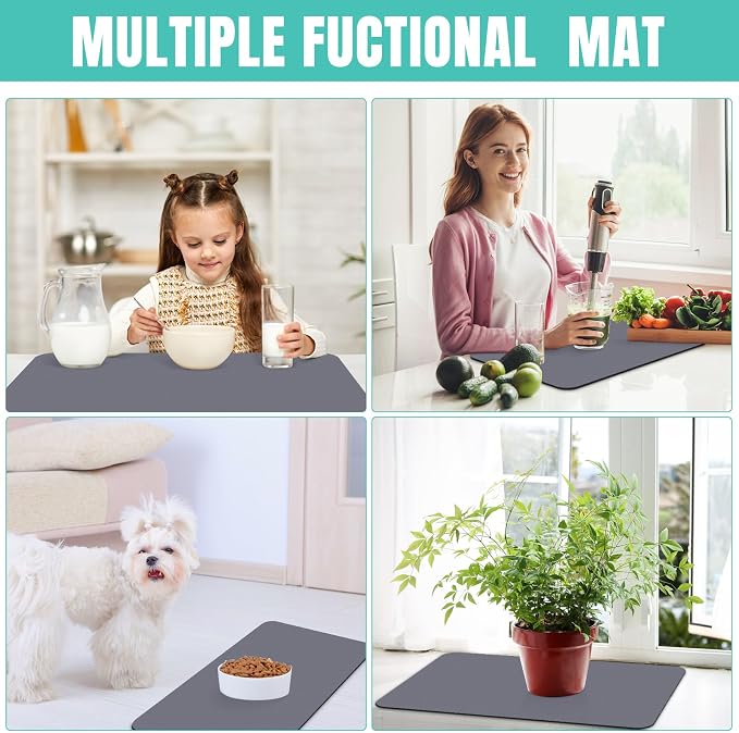 WISELIFE Coffee Mat Super Absorbent Dish Drying Mat Bar Accessories Match with Coffee Machine Large Drying Mats for Kitchen Counter 17" W x 30" L, Grey
