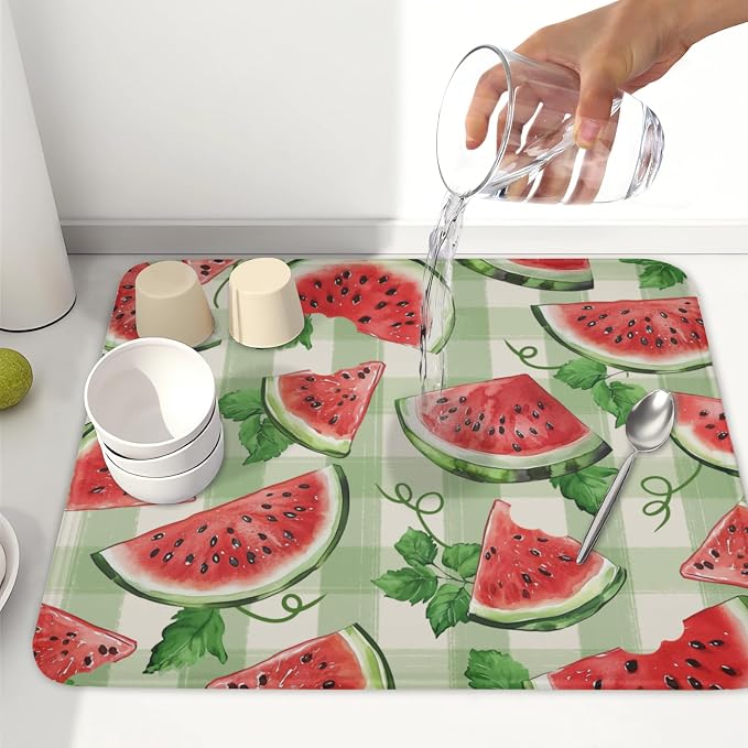 Summer Dish Drying Mat for Kitchen Counter Watercolor Watermelon Green Buffalo Plaid Microfiber Dish Drainer Mat Rustic Absorbent Washable Drying Pad 16"x18"