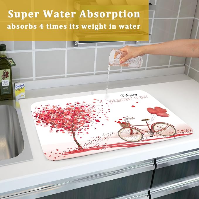 Romantic Valentine's Day Dish Drying Mat for Kitchen Valentines Bike and Tree Dish Drying Pad 18x24 Absorbent Reversible Happy Valentine Dishes Drainer Pad Holiday Dish Drying Rack Mat for Countertop