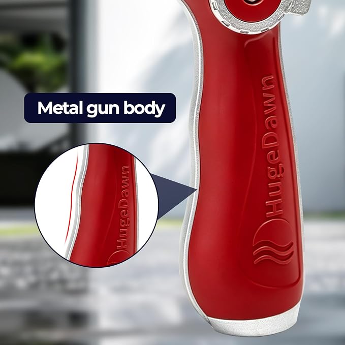 HugeDawn Garden Hose Nozzle, Heavy Duty High Pressure Metal Hose Spray Nozzle with 30% Greater Water High Flow, 3 Spray Patterns, Non-Slip Thumb Control for Quick Watering & Cleaning (Red)