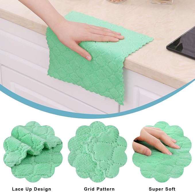 Homaxy 12 Pack Kitchen Dish Cloths (10 x 10 Inches, Green), Super Soft and Absorbent Coral Velvet Dish Towels, Nonstick Oil Fast Drying Microfiber Cleaning Cloth, No Lint Household Dishcloths
