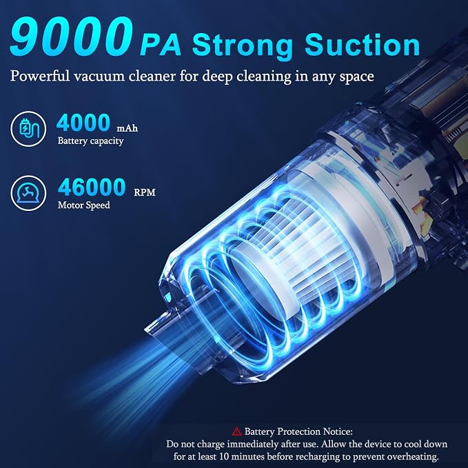 KMM Handheld Car Vacuum Cleaner, Hand Held Vacuum Cleaner and Air Duster | 9000PA Strong Suction, Cordless, 120W High Power, Multi-Nozzles & LED Light, for Home, Car, Office, Pet