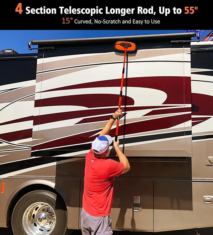 YeewayVeh 55" Car Wash Brush Mop, Extendable Long Handle, Orange | 15° Curved Extension Pole, Extra Microfiber Mop Head, Scratch-Free Auto Cleaning Kit for Truck, SUV & RV