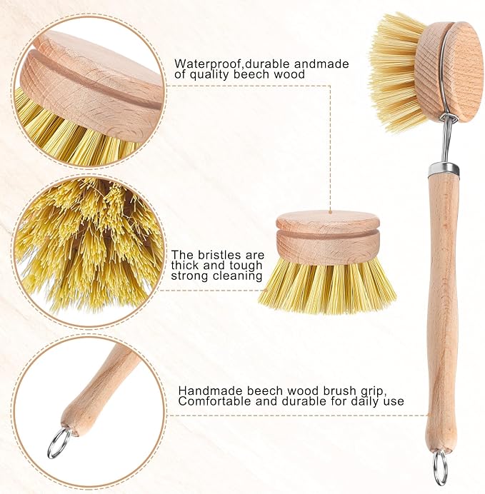 Boao 6 Pack Dish Brush with Beechwood Handle with Replacement Heads Natural Wood Dish Scrub Brush for Washing and Cleaning Pots and Pans