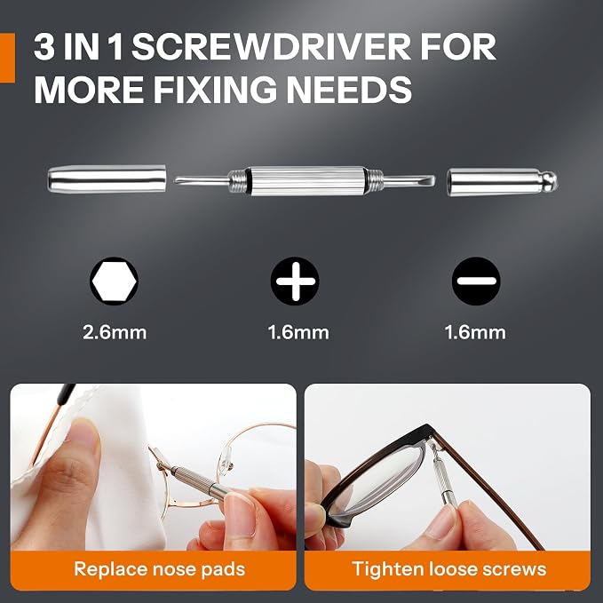 Glasses Cleaner Kit,Eyeglass Repair Kit- Eyeglass Cleaner |24H Anti Fog Lens Cleaner Spray| Microfiber Cleaning Cloth|3 in 1 Screwdriver| 6 Silicone Eyeglass Nose Pads with Screws| 2 Glasses Ear Grip