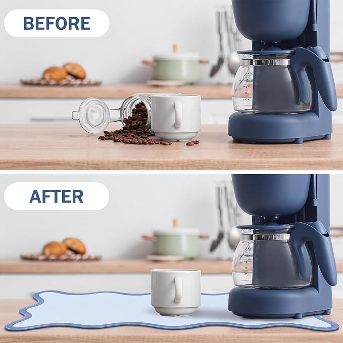 Nuanchu Blue Scalloped Dish Drying Mat for Kitchen Counter, Waterproof Easy Clean Non-slip Coffee Bar Station Accessories, Trendy Cute Aesthetic Modern Drainer Kitchen Drying Mat, 12" x 19"