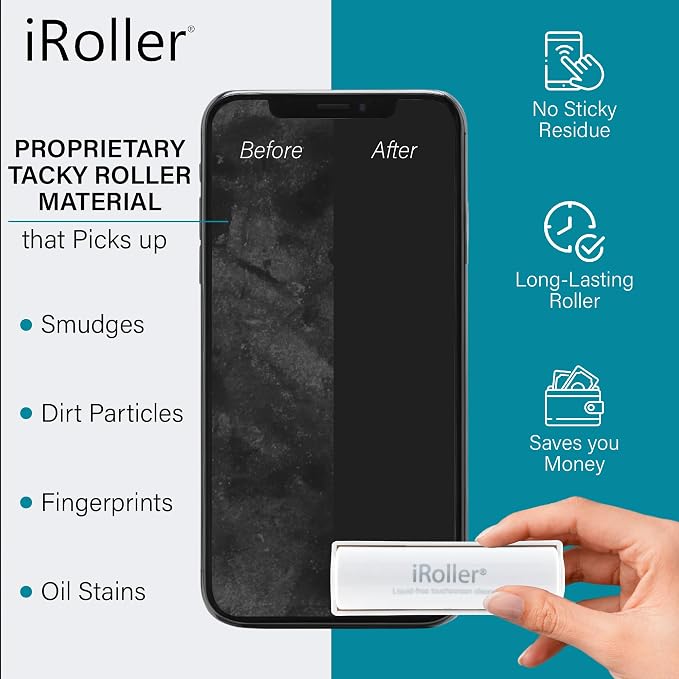 Screen Cleaner by iRoller - Pack of 12 - No Need for Spray or Wipes, Liquid Free - Reusable & Washable -Portable iPad Screen Cleaner for Touchscreen- Ideal for Smartphone, MacBook, Monitor - 3.5"