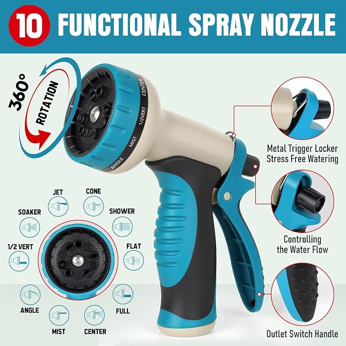 Garden Hose 25 ft x 5/8" with Nozzle, Water Hose Heavy Duty Flexible, Lightweight Kink-less Hybrid Hose with Swivel Handle, Male to Female Fittings