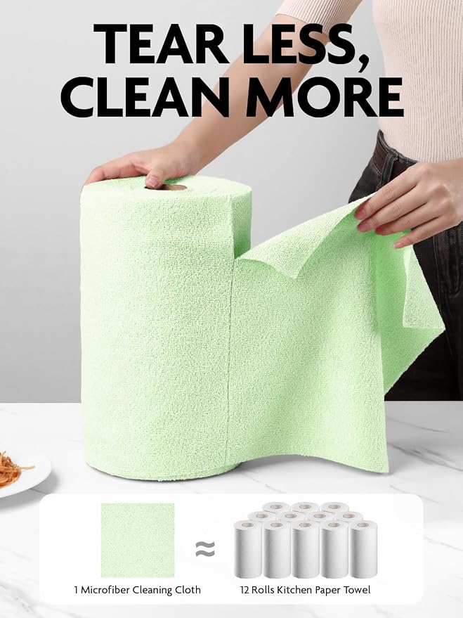 Fantasticlean Microfiber Cleaning Cloth Roll- 75 Sheets, 12" x 12" (Green) | Super Absorbent, Lint-free, Tear-away Microfiber Towel Roll, for All-Purpose Cleaning, Reusable Alternative to Paper Towels