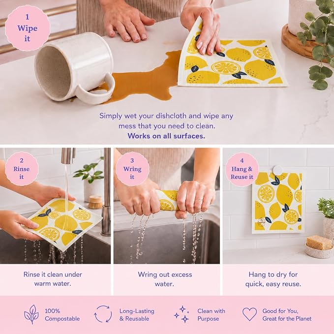 Harps&Seb Swedish Dishcloths for Kitchen Dishcloths - 6 Pack, Reusable Paper Towels with Clips, Super Absorbent Washable Non-Scratch Swedish Dish Towels, No Odor, Biodegradable