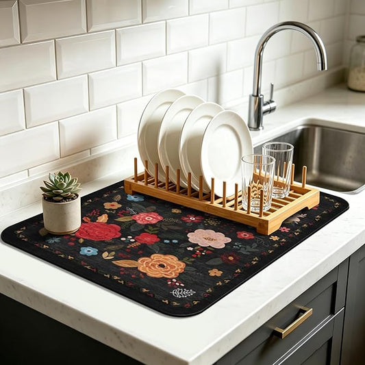 Vintage Floral Dish Drying Mat 12x20 Inch, Dish Mat Drying Kitchen Mats for Extra Large Absorbent Countertop, Aesthetic Boho Drying Matt Kitchen Counter Washable Heat Resistant Dish Drainer Rack Mat