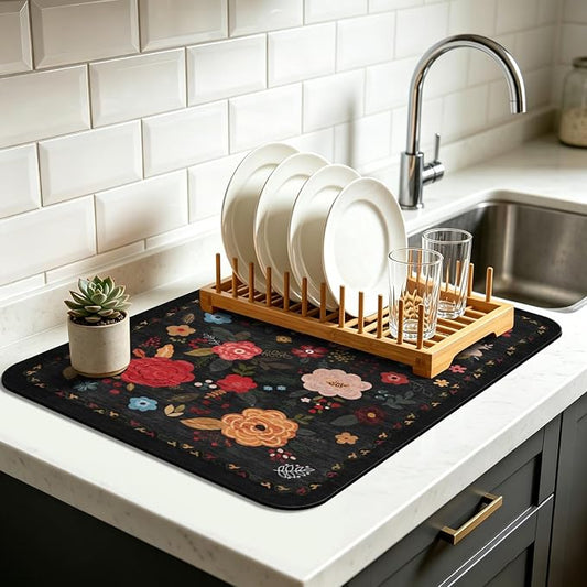 Vintage Floral Dish Drying Mat 16x18 Inch, Dish Mat Drying Kitchen Mats for Extra Large Absorbent Countertop, Aesthetic Boho Drying Matt Kitchen Counter Washable Heat Resistant Dish Drainer Rack Mat