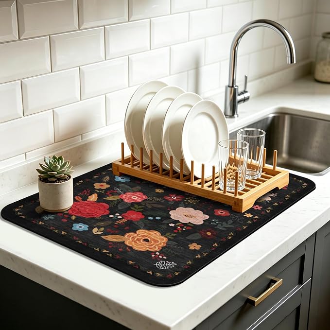 Vintage Floral Dish Drying Mat 18x24 Inch, Dish Mat Drying Kitchen Mats for Extra Large Absorbent Countertop, Aesthetic Boho Drying Matt Kitchen Counter Washable Heat Resistant Dish Drainer Rack Mat