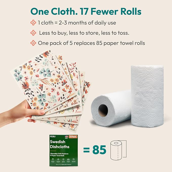 FEBU Swedish Dishcloths for Kitchen | 5 Pack Floral Reusable Paper Towels Washable | Swedish Dish Towels | Non-Scratch Cellulose Sponge Cloths | No Odor, Biodegradable Cleaning Cloths