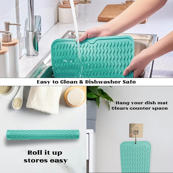 ZLR Small Dish Drying Mat (6" x 17" / 153 x 433mm) - Narrow Silicone Drainer for Kitchen Counter, Apartment & RV - Compact Sponge Holder & Sink Caddy Tray, Non-Slip Food-Grade Silicone (Mint Green)