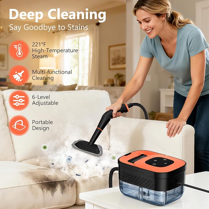 Steam Cleaner, Portable Steamer for Cleaning with 16pcs Accessories, 6-Level Adjustable and 15s Heat-Up, Handheld Steam Cleaner for Home, Tile, Dirt, Grout, Grease, Car Detailing