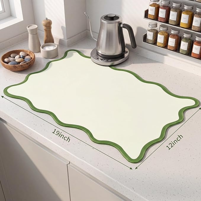 Nuanchu Green Scalloped Dish Drying Mat for Kitchen Counter, Waterproof Easy Clean Non-slip Coffee Bar Station Accessories, Trendy Cute Aesthetic Modern Drainer Kitchen Drying Mat, 12" x 19"