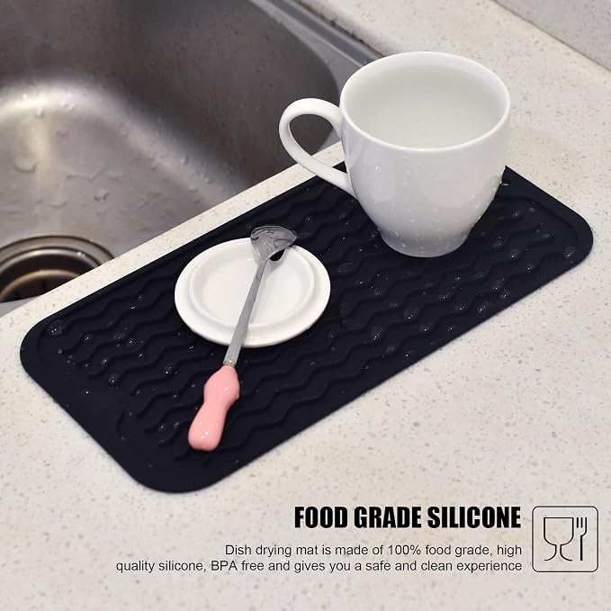 Silicone Dish Drying Mat, Non-Slip Easy Clean Sink Mat Large Heat-resistant Dish Drainer Mat for Kitchen Counter, Sink, Refrigerator or Drawer liner (12" x 6", BLACK)
