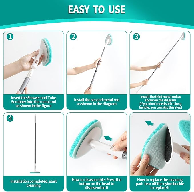 Creatyi Professional Shower Scrubber with Long Handle, Shower Cleaner Brush, Shower and tub Scrubber with 10 PCS Non-Scratch Scouring Pads for Bathroom Shower and tub