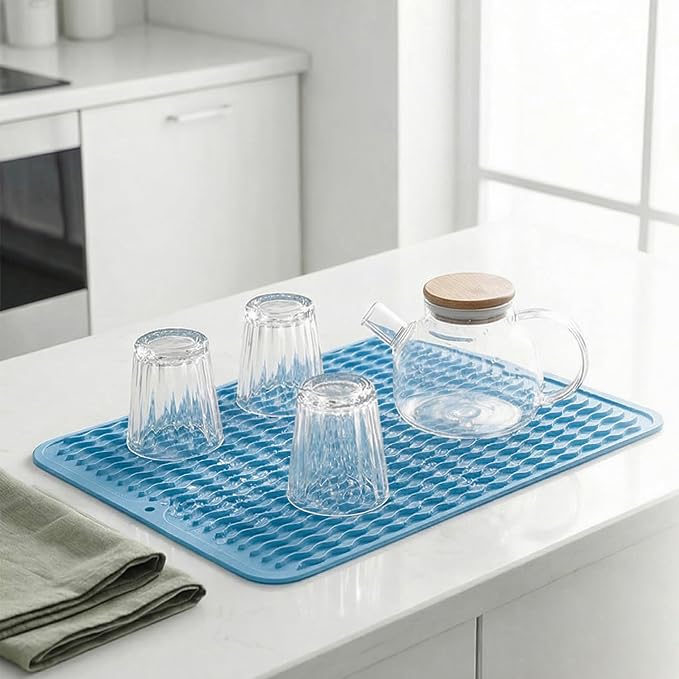MicoYang Silicone Dish Drying Mat — Quick-Dry Ridges Counter & Sink Pad, Heat-Resistant Trivet to 450°F, Non-Slip & Dishwasher Safe, Roll-Up Storage, 18 Colors & 9 Sizes (Light Blue, 16"×12")