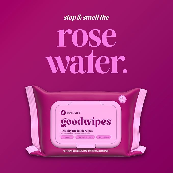 goodwipes Flushable Wipes - Rosewater Wet Wipes for Adults, Sewer & Septic Safe, Guest Bathroom Essentials for Women & Men, pH Balanced & Extra Large, 153 Count (3 Packs and 3 Singles)