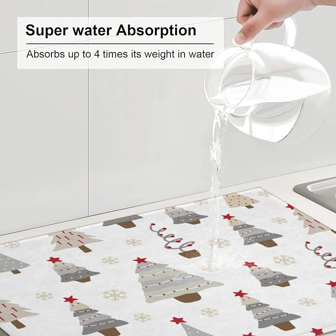 Absorbent Dish Drying Mat For Kitchen Counter, Christmas Tree Microfiber Dish Drying Pad 18x24 Inch, Kitchen Gadgets For Easy Clean Multi-Use